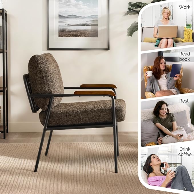 VINGLI Mid-Century Modern Accent Armchiar for Small Space Small Comfy Upholstered Leisure Reading Chair with Wood Armrest for Bedroom Living Room Waiting Room Linen Expresso