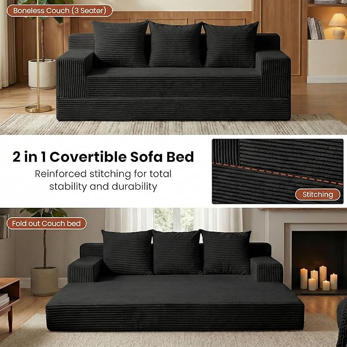 Boneless Couch 78 Inch 2 in 1 Convertible Sofa Bed Corduroy 3 Seater Fold Out Couch Oversize Boneless Loveseat Sleeper Sofa with 3 Pillows for Living Room Bedroom &amp Apartment
