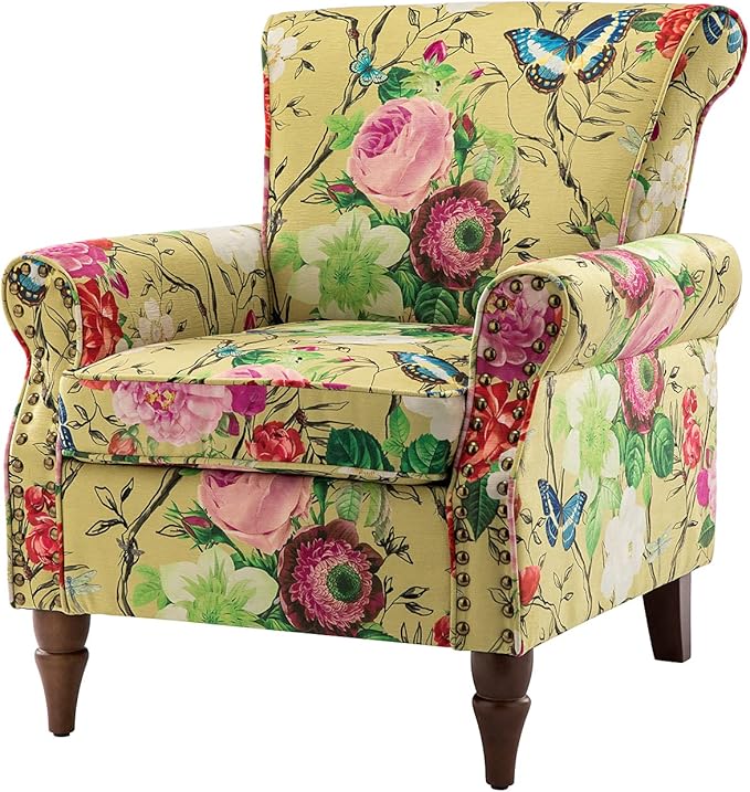 Wingback Accent Chair with Wood Legs Modern Comfy Upholstered Armchair with Removable Cushion and Nailhead Trim Floral Pattern Single Sofa Reading Chair for Living Room Bedroom