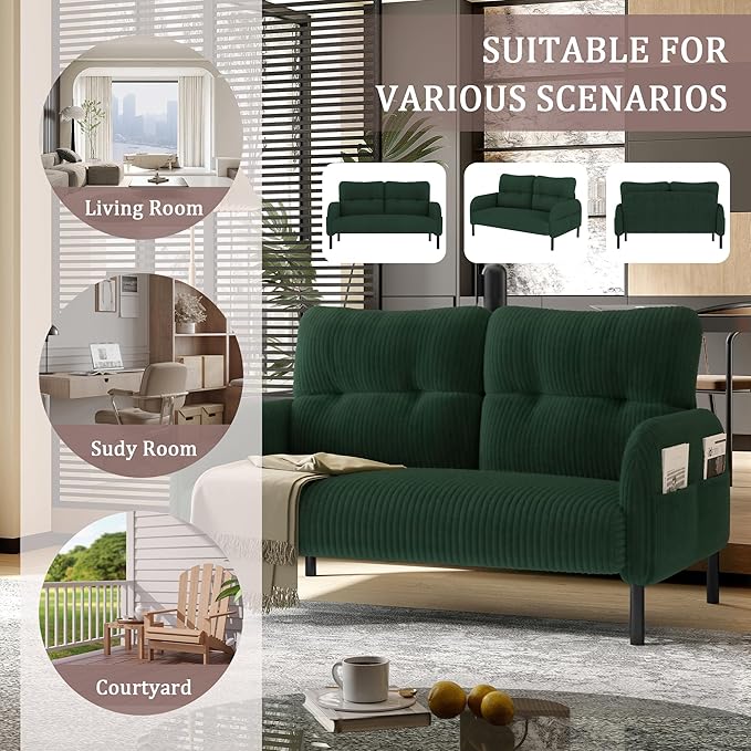 47 Loveseat Sofa Small Couches for Small Spaces Comfy Corduroy Solid Wood Frame Modern Deep Seat 2 Seater Couch with Side Pockets for Bedroom Living Room Apartment Office (Emerald)