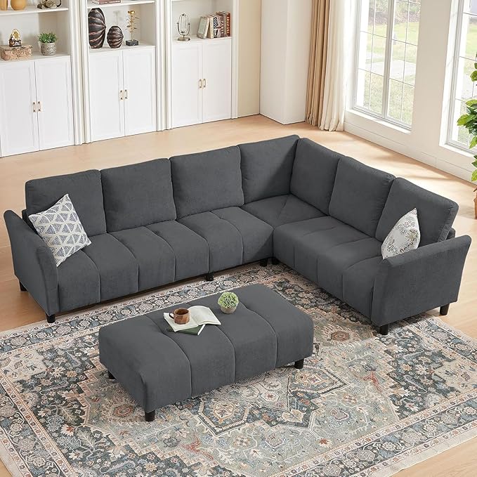 103 Convertible Sectional Sofa with Long Ottoman Modern Upholstered Fabric L-Shaped Couch with Back Cushions 6 Seat Sofa Couches for Living Room Apartment Office Dark Grey