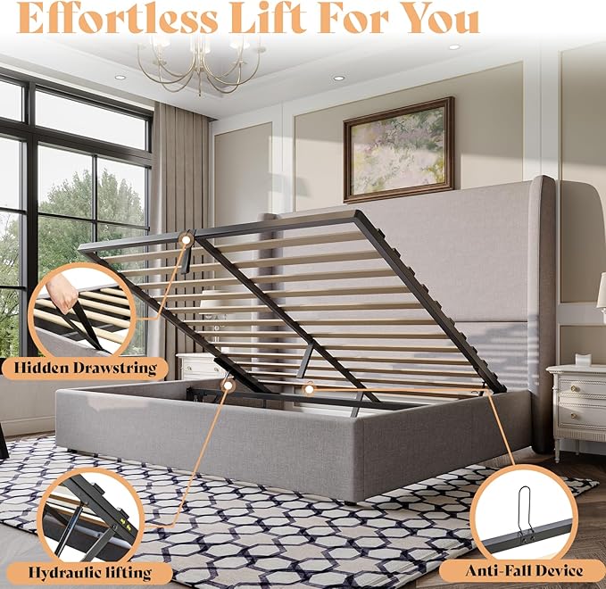 AMERLIFE Lift Up Storage Bed Queen Size Linen Upholstered Platform Bed Frame Hydraulic StorageModern Wingback Headboard No Box Spring Needed Light Grey