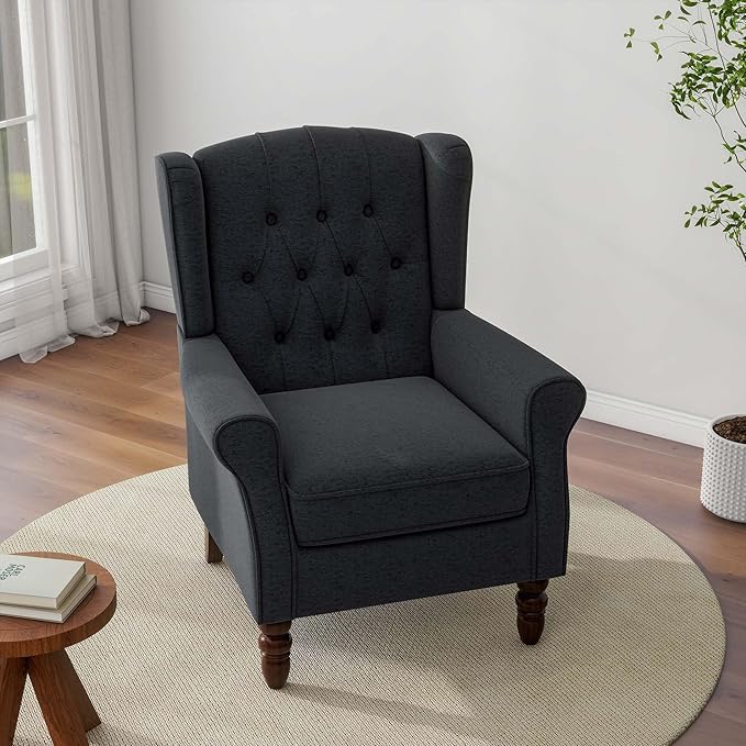 Accent Chair Upholstered Armchair with Button Tufted High Back &amp Solid Wood Legs Comfy Wingback Reading Single Sofa Chair for Small Spaces Living Room Bedroom (Blue Set of 1)