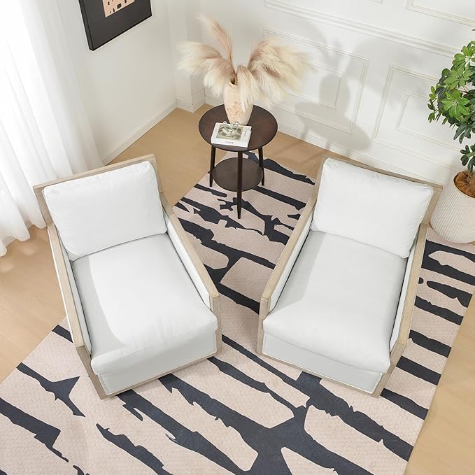 KINWELL 27 Wide Oak Wood Frame Performance Fabric Swivel Armchair Set of 2 No Assembly Down Fill Upholstered Swivel Barrel Chair with Removable Pillow Back for Living Room Bedroom (Ivory)