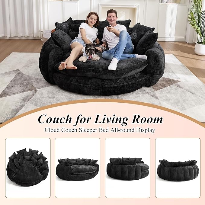 81'' Cloud Couches for Living Room Comfy Circle Round Couch Bed with 14 Pillows Upholstered Boneless Couch Oversized Chaise Lounge Chair Indoor Extra Wide Round Daybed Floor Sofa (Black)