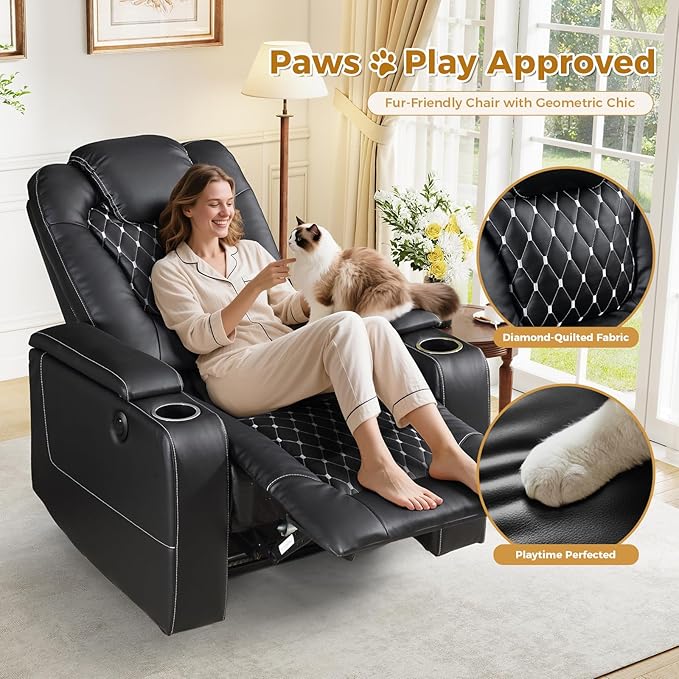 ANJ Power Recliner Chair Set of 3 Electric Soft Faux Leather Reclining Home Faux Theater Seating - USB Ports Cup Holders Hidden Arm Storage Movie &amp Media Room Chairs (Black)