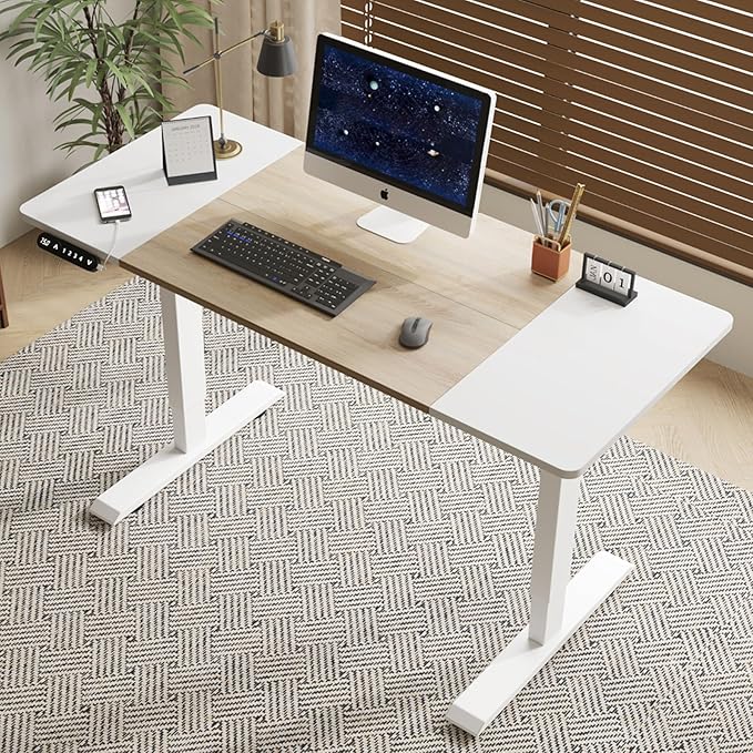2026 New 55 Electric Standing Desk Office Table &amp Sit Stand Up with Adjustable Height Rising Desks for Home Office USB LED 4 Programmable Memory Buttons (Oak Natural Wood + Antique White)