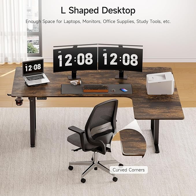 ONBRILL L Shaped Standing Desk 71x43 Inches Electric L Stand Up Desk with 4 Legs Dual Motor and Memory Controller Adjustable Height from 28-46 Inches for Home and Computer Workstation Rustic Brown