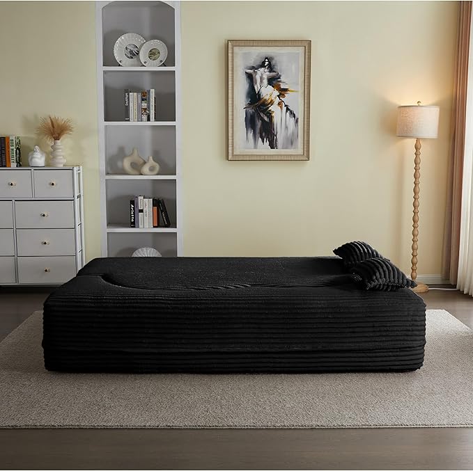 2 in 1 Folding Floor Couch Sofa Bed with 2 Pillows Convertible Sleeper Sofa Modern Full Mattress for Living Room Guestroom Plush Corduroy Floor Sofa BedNo Assembly RequiredBlack