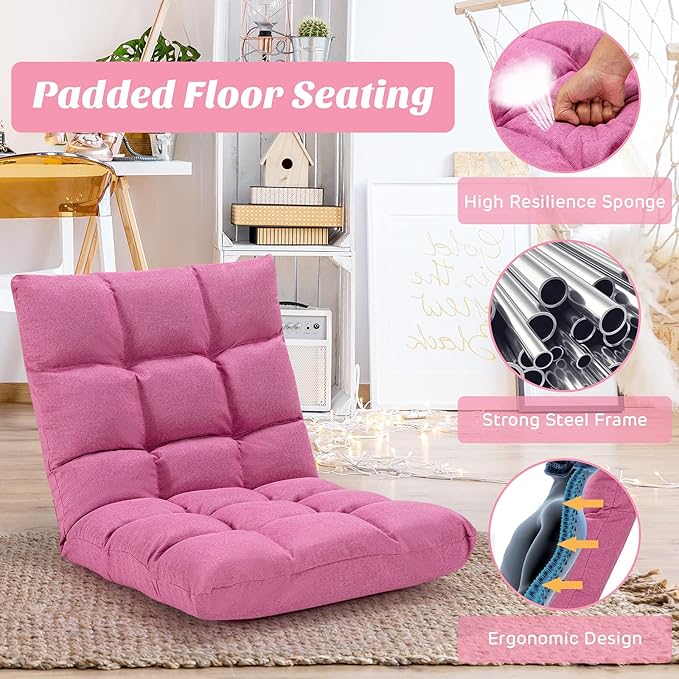 Giantex Adjustable Floor Gaming Sofa Chair 14-Position Cushioned Folding Lazy Recliner High Resilience Sponge Breathable Cotton &amp Linen Fabric Sleeper Bed Couch Recliner with Removable Cover (Pin