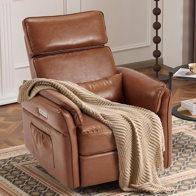Power Recliner Rocking Chair Nursery Gliders with Adjustable Armrests and Headrest Swivel Electric Glider Reclining Nursing Chair with USB Port and Storage Bags FSC Certified (Leather Brown)