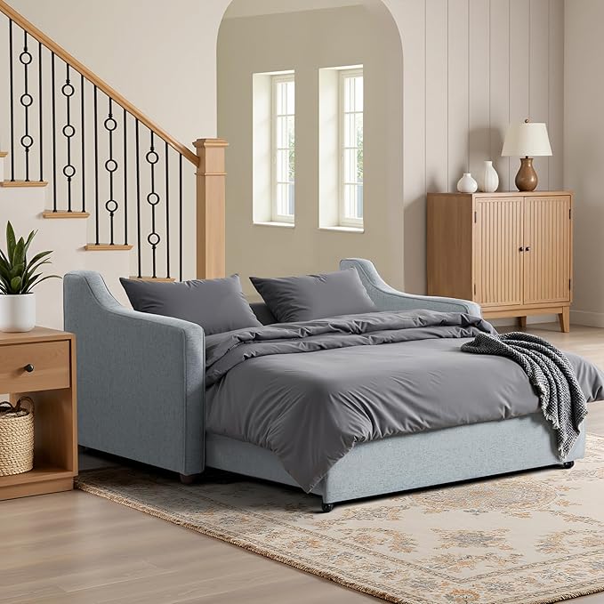 Serta® Corren 68.1 Queen Sized Convertible Sofa Dream Coil® Comfort Fingerguard® Pinch Point Protection Sofa Chenille Fabric Light Gray