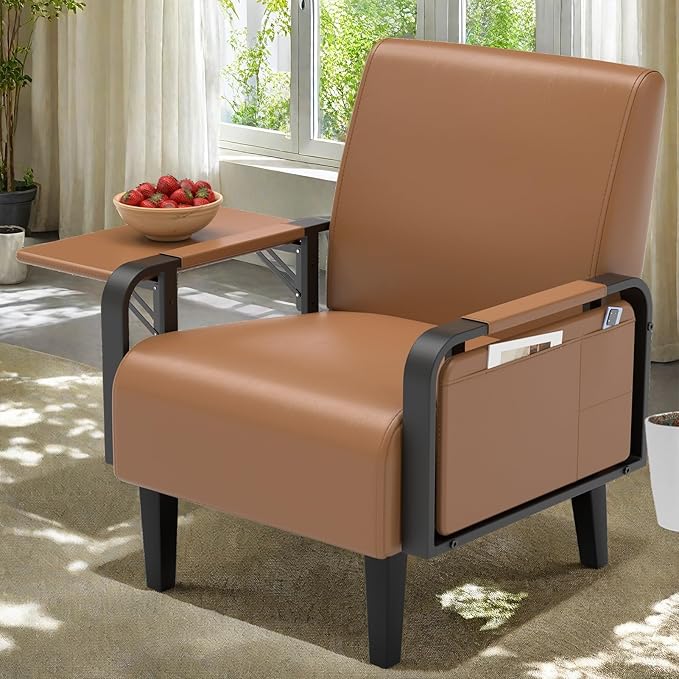 Faux Leather Accent Chairs Set of 2 Modern Upholstered Armchair with Tray Table Comfy Reading Chair for Living Room Bedroom Guest Room Brown