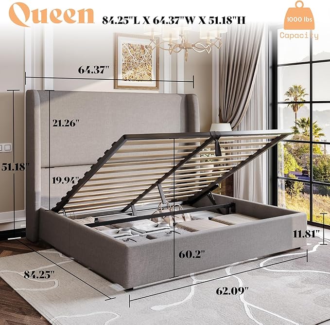 AMERLIFE Lift Up Storage Bed Queen Size Linen Upholstered Platform Bed Frame Hydraulic StorageModern Wingback Headboard No Box Spring Needed Light Grey