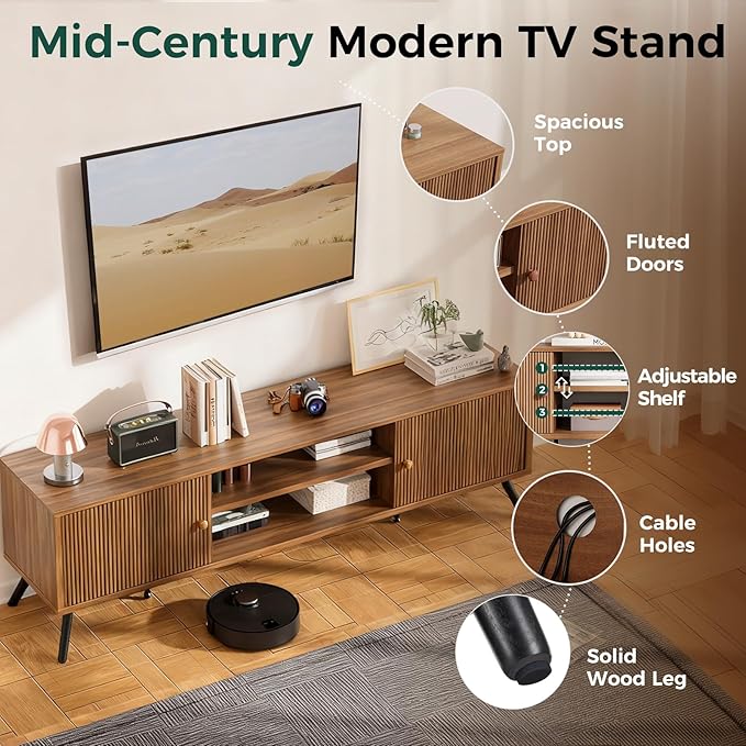 COMHOMA TV Stand for Living Room Mid Century Modern Entertainment Center for 55/60/65 Inch TVs Retro Brown TV Console with Fluted Door Cabinets and Open Adjustable Shelve Storage for Bedroom (59In)