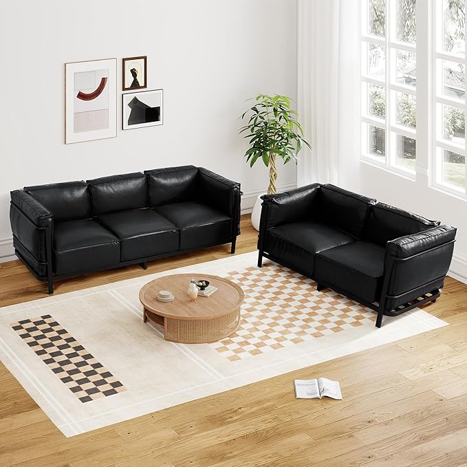 Minimalist Style 3 Seater Sofa Mid-Century Modern Faux Leather Sofa Couch with Fixed-Shape Iron Frame Upholstered Couch Chair for Living Room Office Apartment (Black Loveseat Sofa)