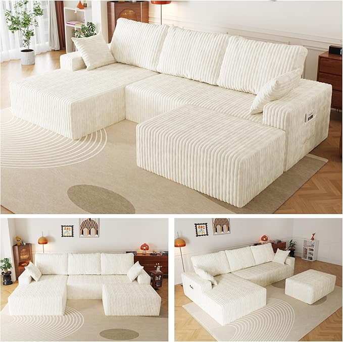 108 U Shaped Sectional Couch with Ottoman Corduroy Modular Sectional Sofa with Deep Seat Modern Modular L-Shape Sofa Couch with ChaiseUpholstered Boneless Couches for Living Room Bedroom