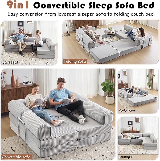 Modular Convertible Sofa Bed 106 L-Shaped with Reversible Chaise Corduroy Floor Sleeper Boneless Couch Folding Futon for Living Room Apartment Small Spaces No Assembly Required Grey