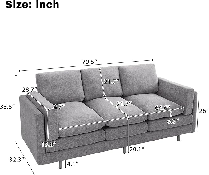 Christopher Knight Home Vincenzo 3 Seater Couch Chenille Upholstered Sofa Chair Metal Legs Couch Dual-Layer Cushions Armchair 79.5 Sectional Sofa Comfort Seating for Living Room Light Gray