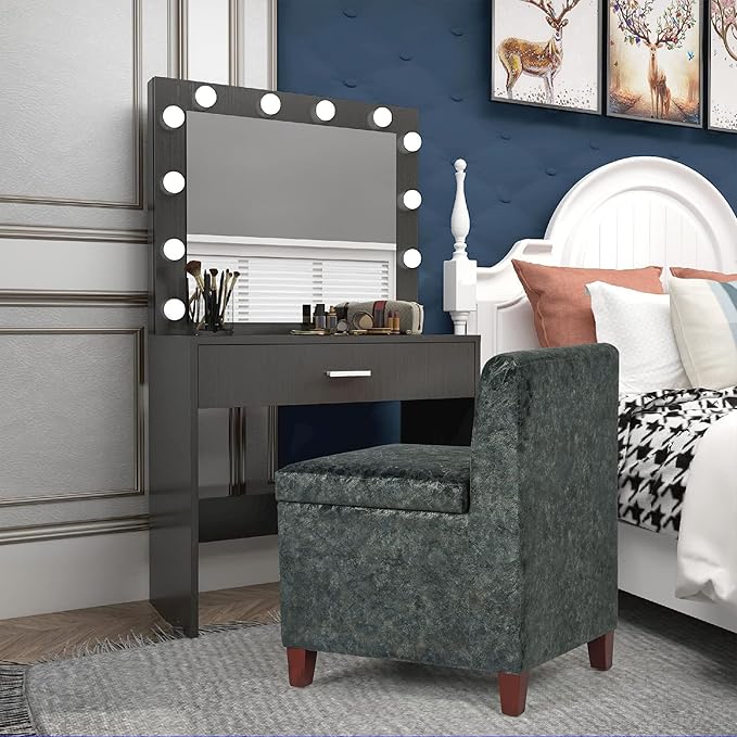 Joveco Accent Chair with Storage Fabric Upholstered Vanity Chair Seat with Removable Lid Modern Single Sofa for Living Room Bedroom Reading Room (Grey with Gold)