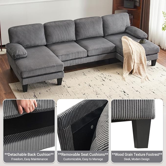 VINGLI 110 Sectional Couches for Living RoomU Shaped Couch with Double Chaise 4-Seat Sofa Set with Corduroy Fabric for Home FurnitureGrey