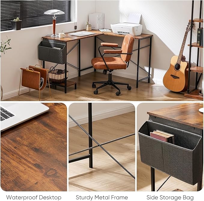 infiniPower L Shaped Desk Gaming Computer 50 Inch Reversible Corner Table PC Work Table for Writing Study Student with Wood Tabletop Metal Frame CPU Stand Side Bag for Home Office Small Place