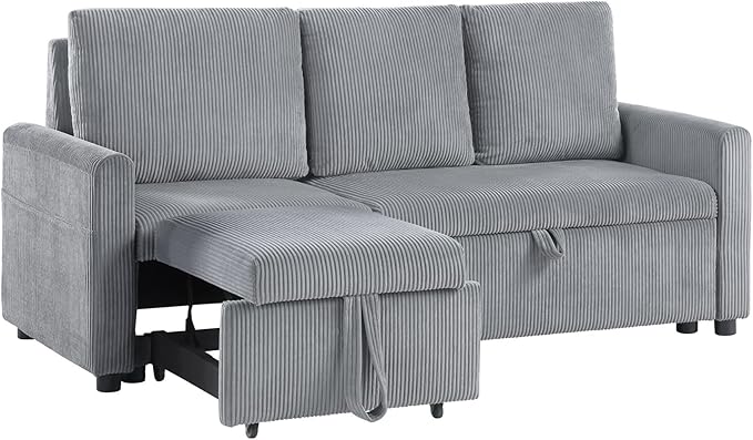 Lilola Home Oswin 70 W Gray Corduroy Fabric Sleeper Sofa with Pull-Out Chaise and Tufted Cushions – Modern Space-Saving Convertible Couch for Small Apartments or Guest Rooms