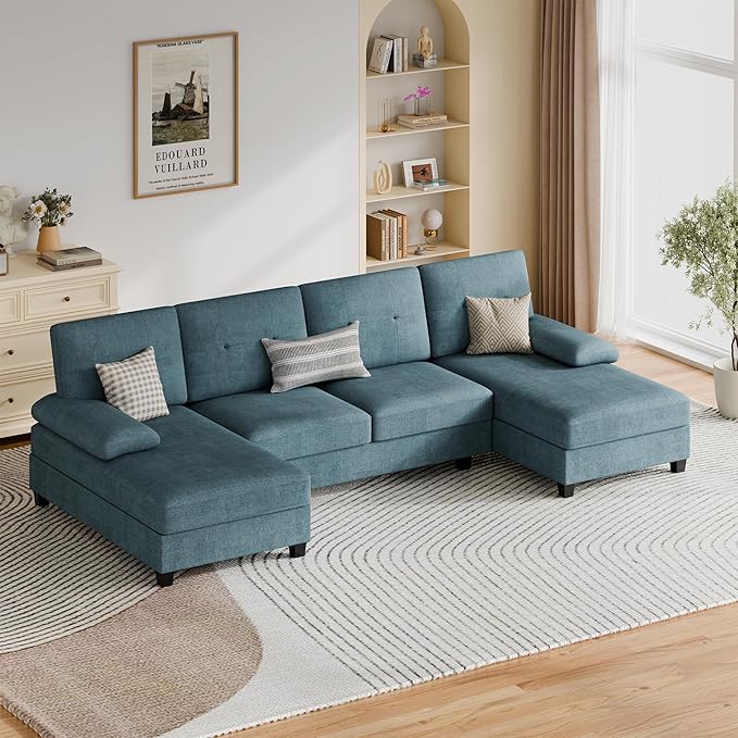 Vongrasig Sectional Couch for Living Room U-Shaped Sofa with Chaise 4-seat Large Sectional Modern Couches for Living Room Apartment (Blue)
