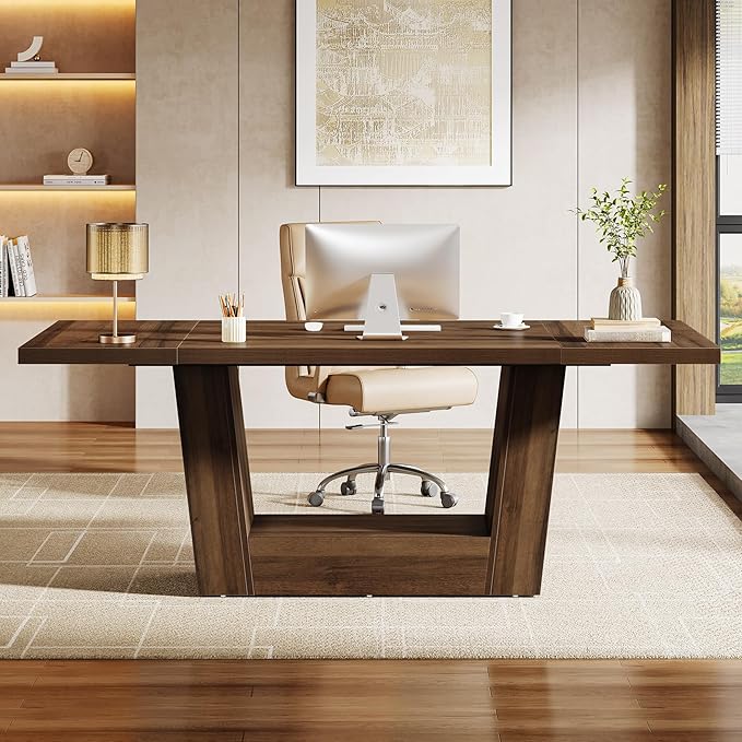 Tribesigns 63'' Wood Executive Office Desk Modern Computer Home Office Desk with Robust Base Large Wooden Conference Table Business Workstation for Home Office Walnut Brown