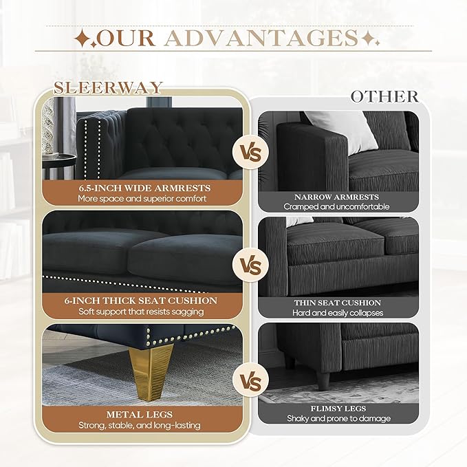 2 Piece Chesterfield Sofa Comfy Velvet Tufted Mid Century Modern Couch Set Cloud Futon Loveseat Gold Legs &amp Nailhead Deep Seat Sofas for Living Room Office (Black Couch and Loveseat Set of 2)