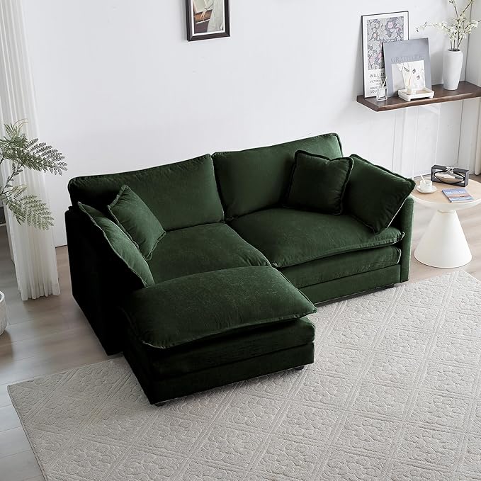 Deep Seat Cloud Loveseat Sofa Sectional Couch with Movable Ottoman 2 Seater Oversized L Shaped Corner Sofa Couches Comfy Chenille Love Seat for Living Room Bedroom Apartment Office