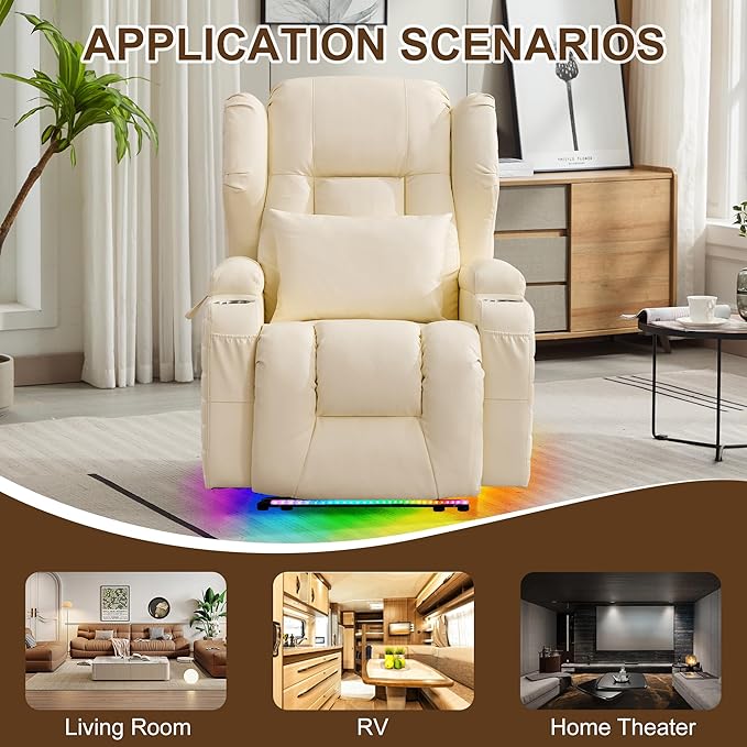 DRMBOOK Power Recliner Chair with 3-Sided Wrap Around LED Electric Wall Hugger Reclining Sofa with Massage &amp Heat Overstuffed Theater Seating with Cup Holders/USB Port (Upgraded Beige 1 Chair)