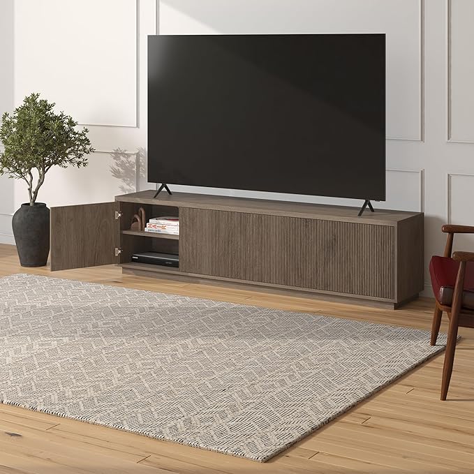 Henn&ampHart Fluted TV Stand for TVs up to 85 with 2 Concealed Ribbed Storage Cabinets and Adjustable Shelves for Living Room Family Room or Office Weathered Gray