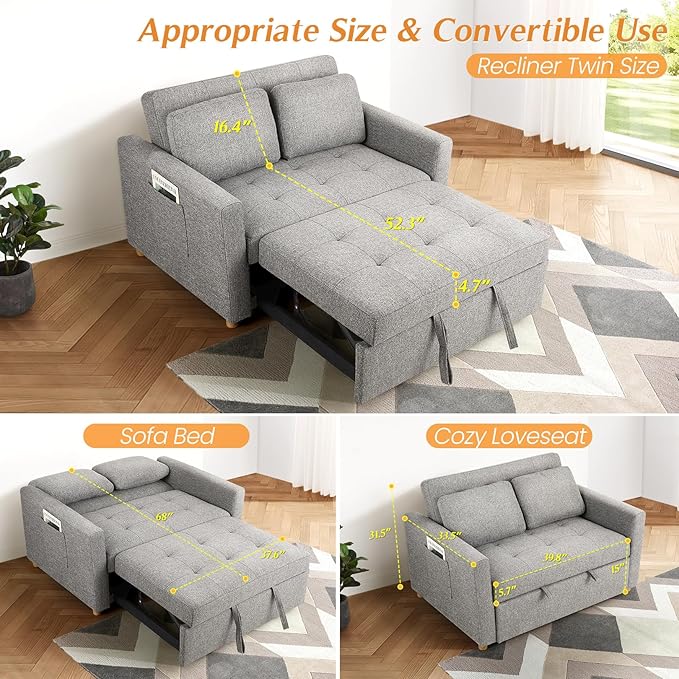 SEJOV Convertible Sofa Bed 3 in 1 Sleeper Sofa with Pull Out Bed Futon Couch with Storage Side Pocket Loveseat with Adjustable Backrest for Small Space Apartment loft Grey