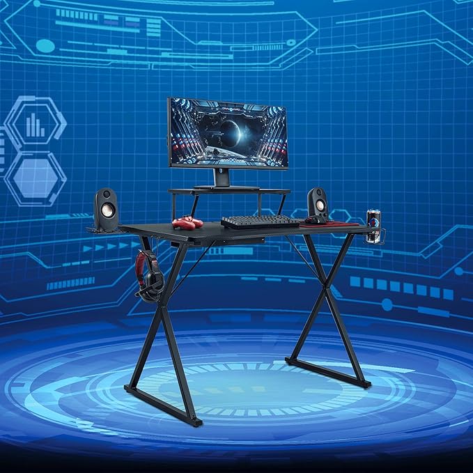 Seville Classics airLIFT Computer Writing Desk w/ Headset Cup Speaker Holders Monitor Riser Table Modern Work for Home Office Workstation Black 42 Carbon Fiber X Frame