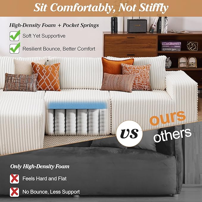 101 Cloud Couch Boneless Modular Sofa Compression Memory Foam Sectional Couches Comfy Corduroy L Shaped Sofas with Chaise Lounge for Living Room No Assembly Required (Beige 101in)
