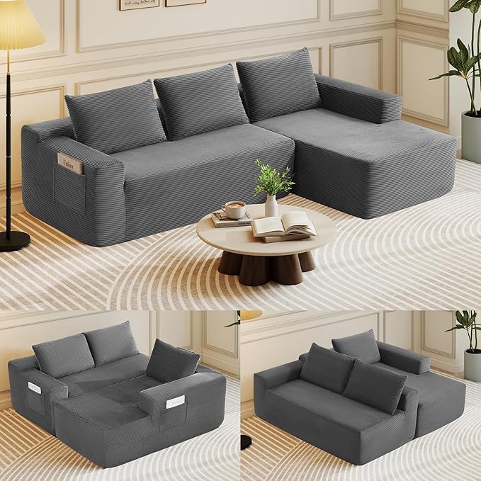 Rovibek 97” Couches for Living Room Modular Sectional Sofa with Chaise &amp Deep Seat Comfy Corduroy Boneless Couch No Assembly Required Grey
