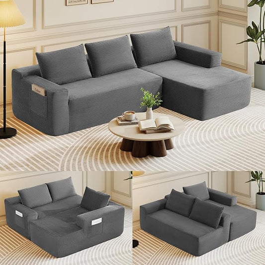 Rovibek 97” Couches for Living Room Modular Sectional Sofa with Chaise &amp Deep Seat Comfy Corduroy Boneless Couch No Assembly Required Grey