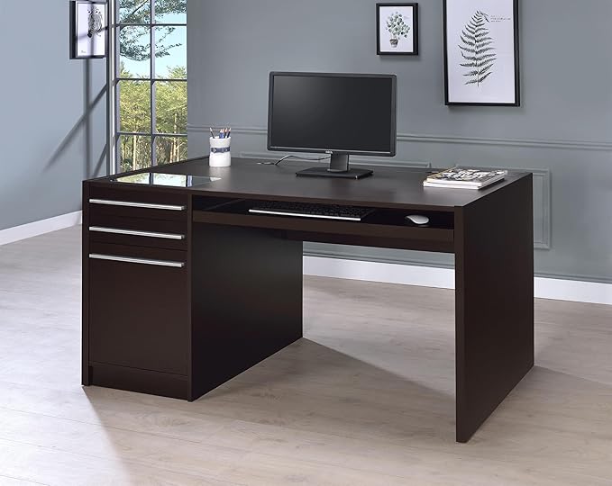Contemporary Wood Computer Desk 60 W x 30 D x 30.75 H Cappuccino Finish 3 Drawers with Keyboard Drawer Modular Home Office Desk Modern Style
