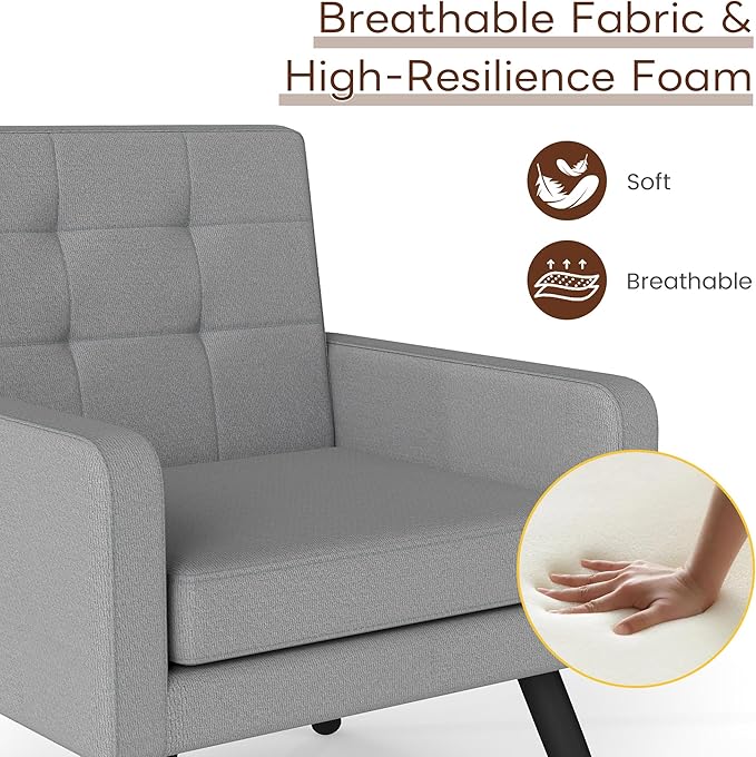 Accent Chair for Living Room Mid-Century Modern Comfy Upholstered Armchair with Large Seat Single Sofa Reading Chair 496 Lb. Weight Capacity for Bedroom Apartment Light Grey