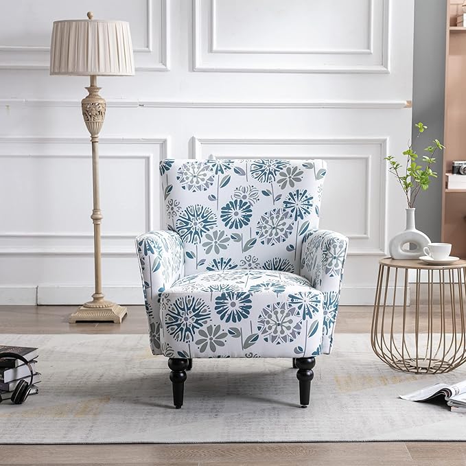 Armchair Modern Accent Sofa with Linen SurfaceLeisure Chair with Solide Wood feet for Living Room Bedroom StudioWhite Blue