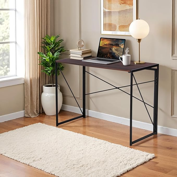 Homy Casa 39.4 Inch Foldable Laptop Desk Space-Saving Computer Table with No Assembly Required Sturdy Metal Frame Minimalist Design for Home Office Study or Small Spaces Walnut