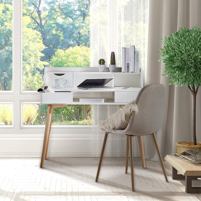 Teamson Home Creativo Writing Study Computer Desk with Solid Wood Legs Storage Drawers and Open Shelves Hutch for Home Office Living Room Reading Bedroom 37 inch Height White