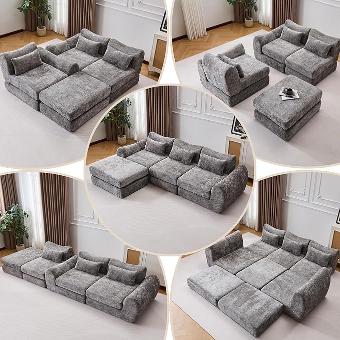 105” Modular Sectional Sofa Convertible Sofa BedTransforms into Single or Double Sofa Chenille Fabric Cloud SofaModern Soft Boneless Comfort No Assembly Required Grey