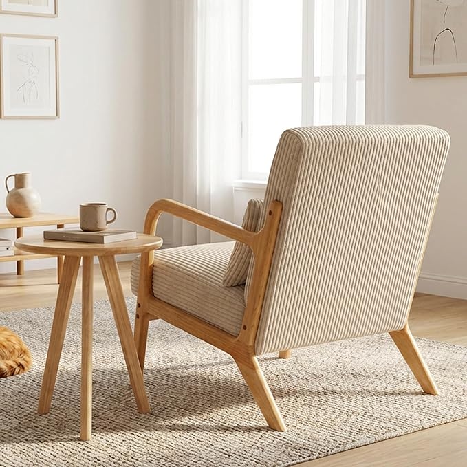 Mid Century Modern Accent Chair with Side Table Upholstered Corduroy Armchair with Lumbar Pillow Solid Rubberwood Frame for Living Room Bedroom Reading Nook Beige