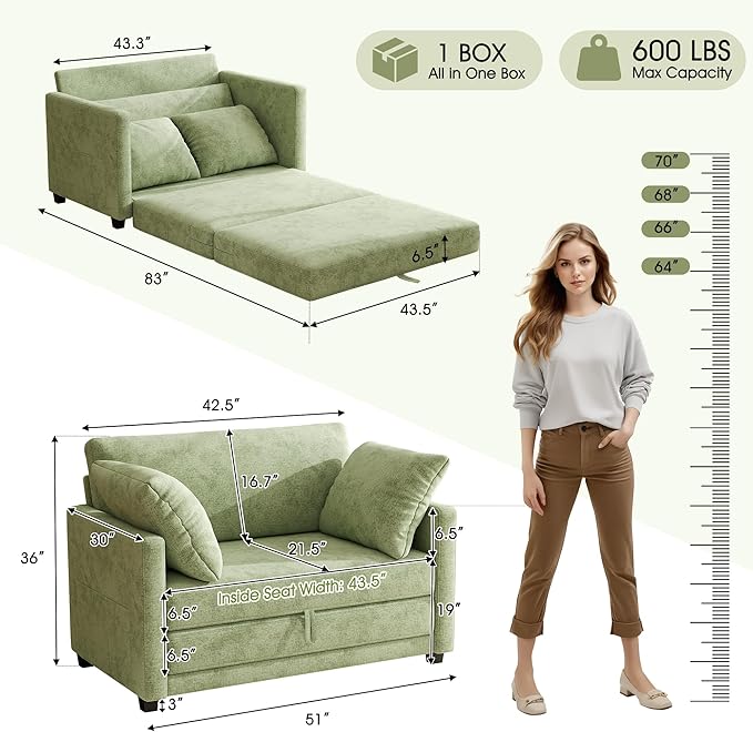 51 Loveseat Sleeper Sofa Bed Chenille Convertible Floor Sofa Bed for Small Spaces Folding Couch Bed with Deep Seat 2 Pillows &amp Solid Frame Pull Out Couch for Living Room Light Green