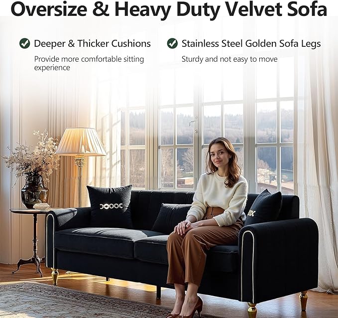 87.5 Modern 3-Seater Velvet Couch Set of 2 with Metal Legs &amp Decorative Pillows High Resilience Sponge Spring Seat Luxury Sectional Loveseat Sofa Set for Living Room Apartment Small Space Black