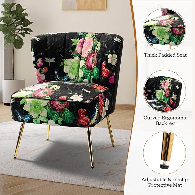 TINA'S HOME Armless Accent Chair with Gold Metal Legs Comfy Tufted Floral Fabric Living Room Chair Wingback Small Side Chair Upholstered Slipper Chair for Bedroom Reading Room (Print Flower BLACK)