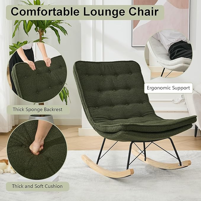 Lazy Rocking ChairComfortable Lounge Chair with Wide Backrest and Seat Wood Base Upholstered Armless Rocker Chair for Living Room BalconyBedroom and Patio Porch. (Dark Green)