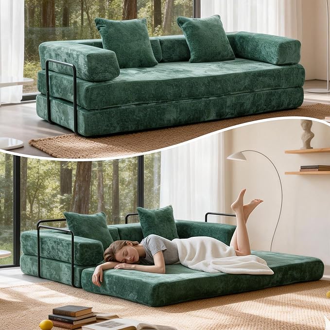 Convertible Floor Sofa Bed Fold Out Floor Couch with Pillow Back &amp Armrest Compressed Couch with Fixed-Shape Frame Chenille Foldable Sleeper Sofa Bed for Living Room Bedroom Dark Green